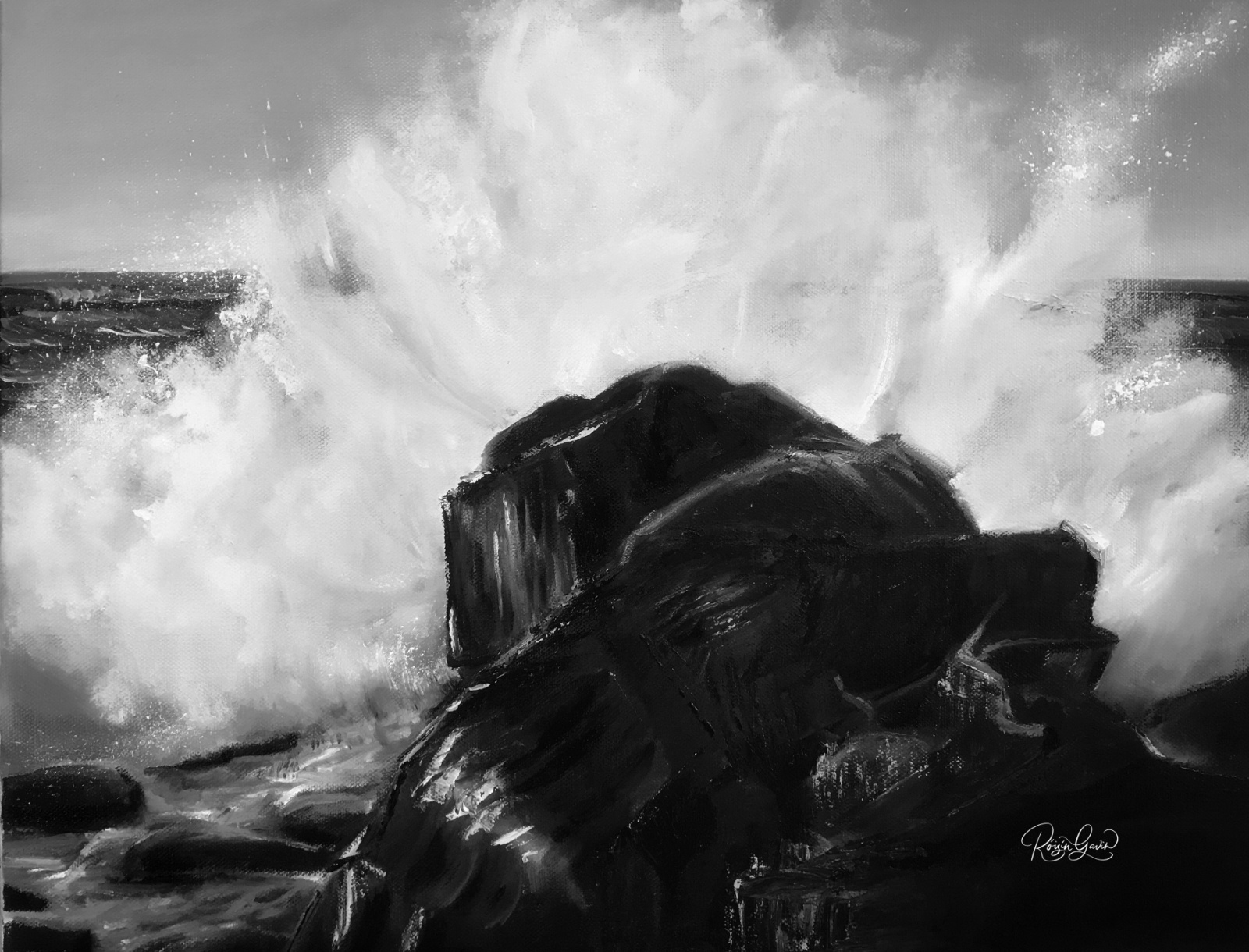Wait for the wave oilpainting monochrome